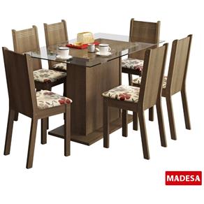 Sala de Jantar Madesa Gales Base de Madeira com Tampo de Vidro e 6 Cadeiras - Rustic/ Hibiscos