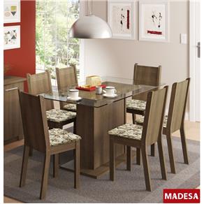 Sala de Jantar Madesa Gales Base de Madeira com Tampo de Vidro e 6 Cadeiras - Rustic/ Liro Bege