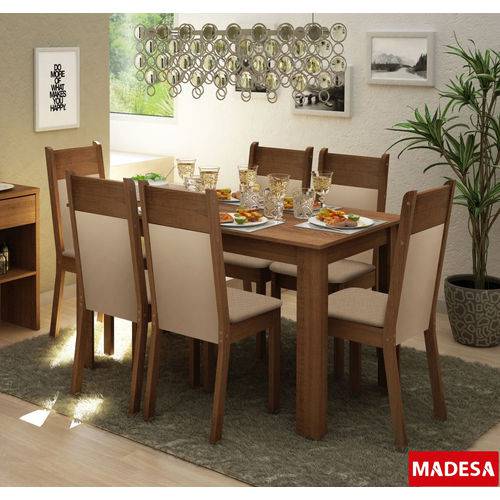 Sala de Jantar Madesa Jaine Mesa de Madeira e 6 Cadeiras - Rustic/ Crema/ Pérola
