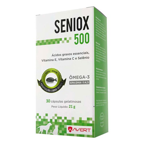 Seniox 500 Ômega 3 para Cães e Gatos Uso Veterinário com 30 Cápsulas