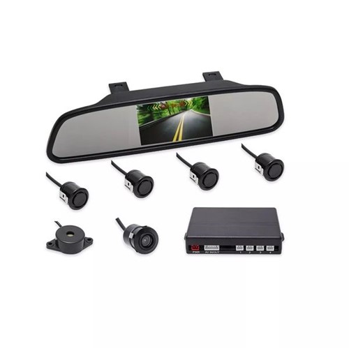 Sensor de Estacionamento 4 Pontos, Monitor Espelho Slim e Câmera - Preto Orbe