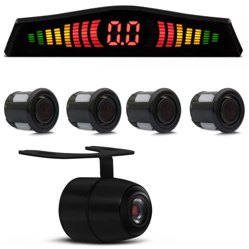 Sensor de Estacionamento 4 Pontos Preto Display Led + Câmera de Ré Borboleta Colorida Preta
