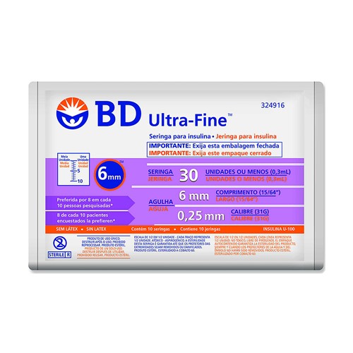 Seringa BD Ultra-Fine Insulina 30U Agulha Curta 6mm com 10 Unidades