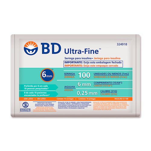 Seringa BD Ultra-Fine Insulina 100U Agulha Curta 6mm com 10 Unidades