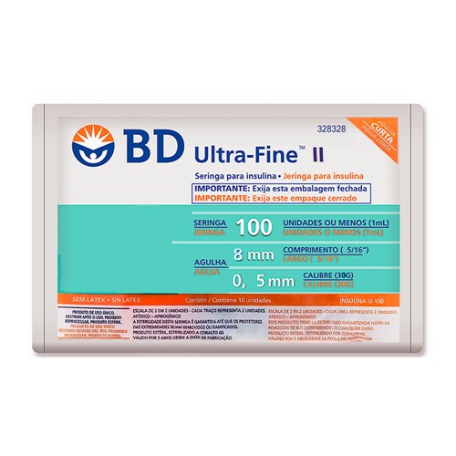 Seringa BD Ultra-Fine Insulina 100U Agulha Curta 8mm com 10 Unidades