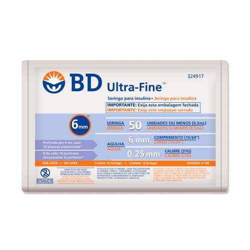 Seringa BD Ultra-Fine Insulina 50U Agulha Curta 6mm com 10 Unidades