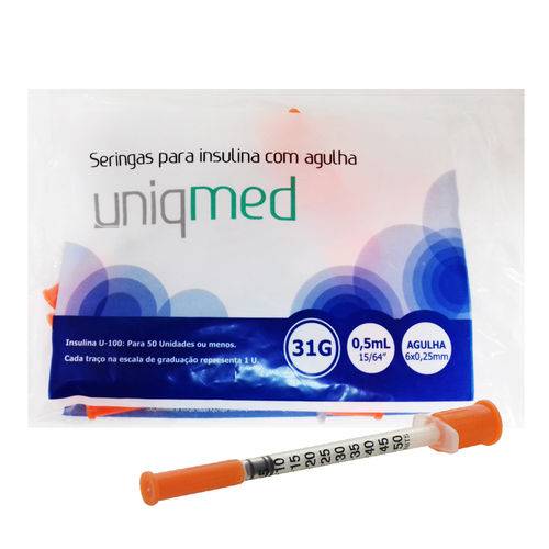 Seringa de Insulina 0,5 Ml com Agulha 6mmx0,25mm Uniqmed - 100 Unidades