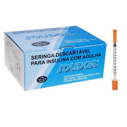 Seringa de Insulina 1 Ml com Agulha 8 X 0,30mm Solidor Caixa 100 Unidades