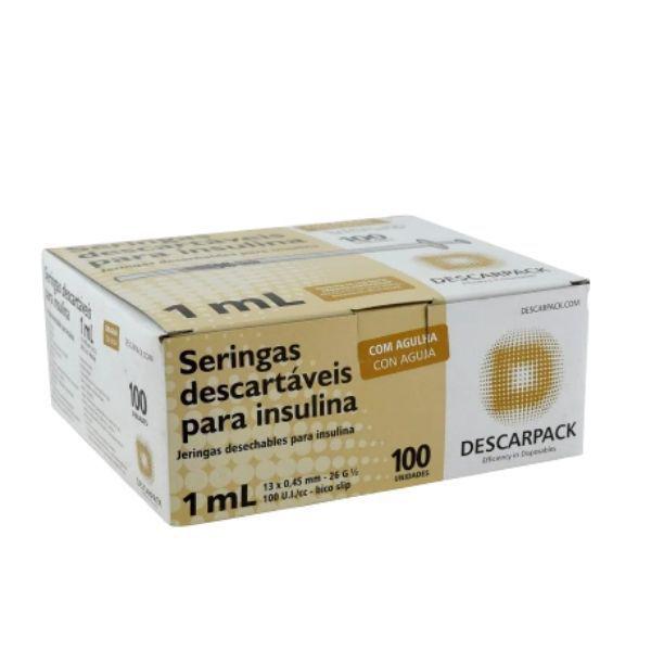 Seringa de Insulina 1ML Fixa C/Agulha Descarpack Kit C/100