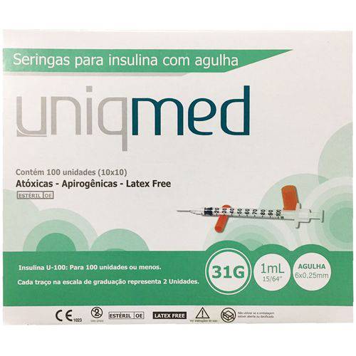 Seringa de Insulina Uniqmed 1ml Agulha Curta 6mm 31g Caixa com 100un