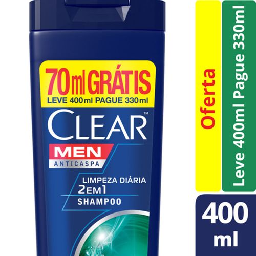 Shampoo Clear Anticaspa Limpeza Diária Oferta Leve 400ml Pague 330ml SH CLEAR A-CASPA LV400ML/PG330ML MEN 2X1 LIMPZ D