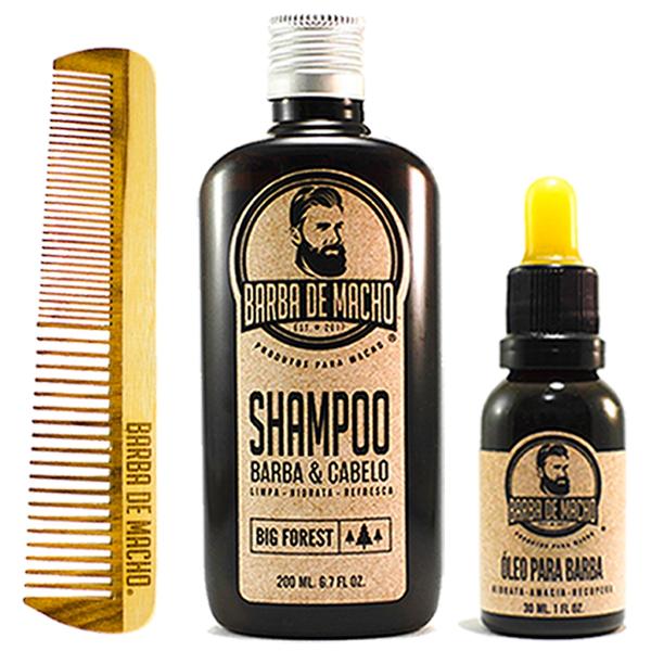 Shampoo + Pente Madeira de Barba + Óleo - Barba de Macho