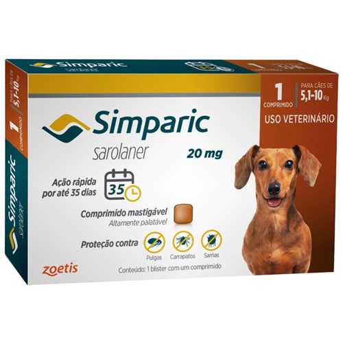 Simparic 20 Mg Antipulgas e Carrapatos para Cães 5,1 a 10 Kg - 1 Compr