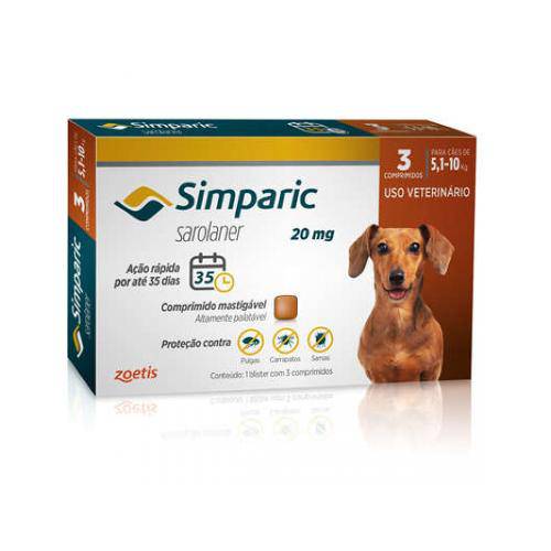 Tamanhos, Medidas e Dimensões do produto Simparic 20mg Anti Pulga e Carrapato Cães de 5,1 a 10kg 3 Comprimidos - Zoetis
