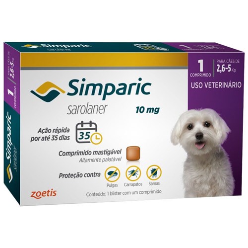 Simparic 10 Mg Antipulgas e Carrapatos para Cães 2,6 a 5 Kg - 1 Compr
