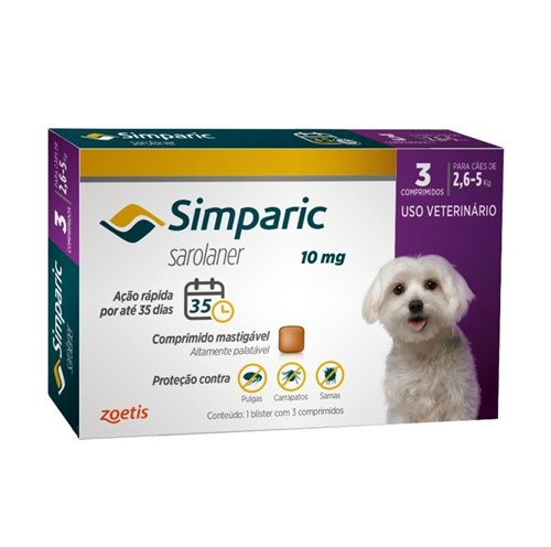 Simparic 10 Mg Antipulgas e Carrapatos para Cães 2,6 a 5 Kg - 3 Comprs