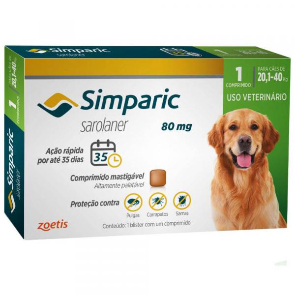 Simparic 80 Mg para Cães 20,1 a 40 Kg - 1 Comprimido - Zoetis