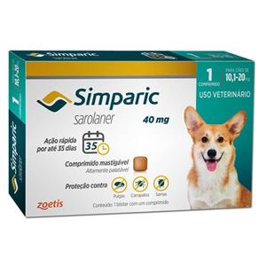 Simparic Anti Pulgas Cães de 10,1 a 20 Kg - 40 Mg 01 Comprimido - Zoetis