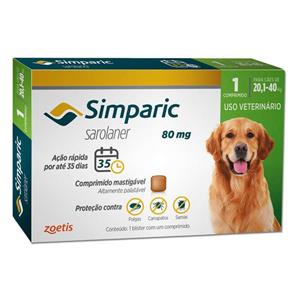 Simparic Anti Pulgas e Carrapatos Cães 20,1 a 40 Kg - 80 Mg 01 Comprimido - Zoetis