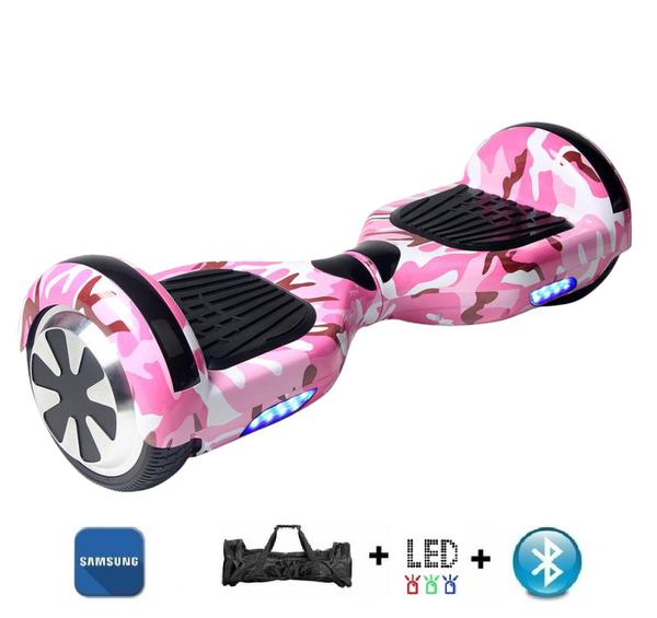 Skate Elétrico Hoverboard 6.5" Rosa Camuflado Bluetooth e Led Lateral com Bolsa - Bateria Samsung - Smart Balance