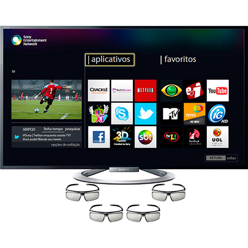 Smart TV 3D LED 55" Sony KDL-55W805A Full HD 4 HDMI/3 USB Wi-Fi 480Hz + 4 Óculos 3D