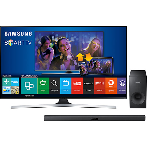 Smart TV LED 48 Samsung 3D Full HD UN48J6400AGXZD 4 HDMI 3 USB 240 Hz + Soundbar Samsung HW-H370 120W 2.1 Canais Bluetooth
