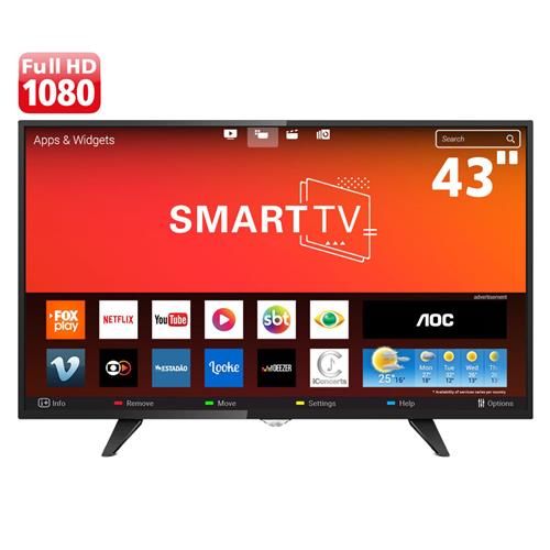 Smart Tv Led Aoc 43 Polegadas Full HD Conversor Digital, USB, Hdmi Le43s5970