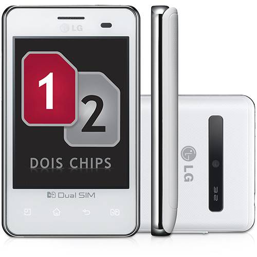 Smartphone LG E405f Optimus L3 Dual Chip Desbloqueado Oi - Branco - GSM Android 2.3 Processador 600 Mhz 3G Wi-Fi Câmera 3.2MP Filmadora Bluetooth 2.1 MP3 Player Rádio FM Memória Interna de 2 GB