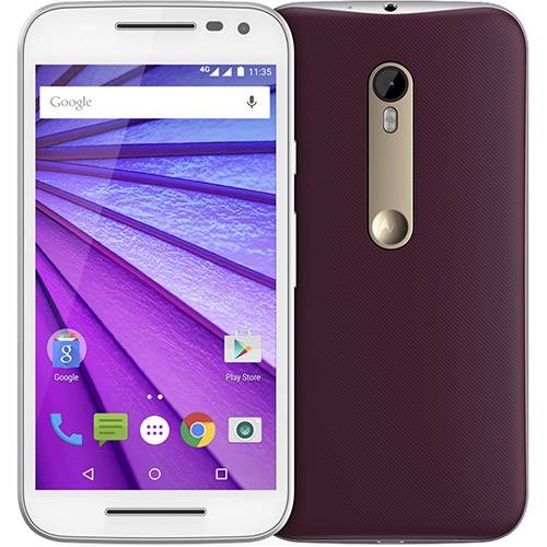 Tudo sobre 'Smartphone Motorola Moto G 3ª Geração Edição Especial Cabernet Dual Chip Desbloqueado Android 5.1 Tela HD 5" Memória Interna 16GB 4G Câmera 13MP Processador Quad Core 1.4GHz - Branco'