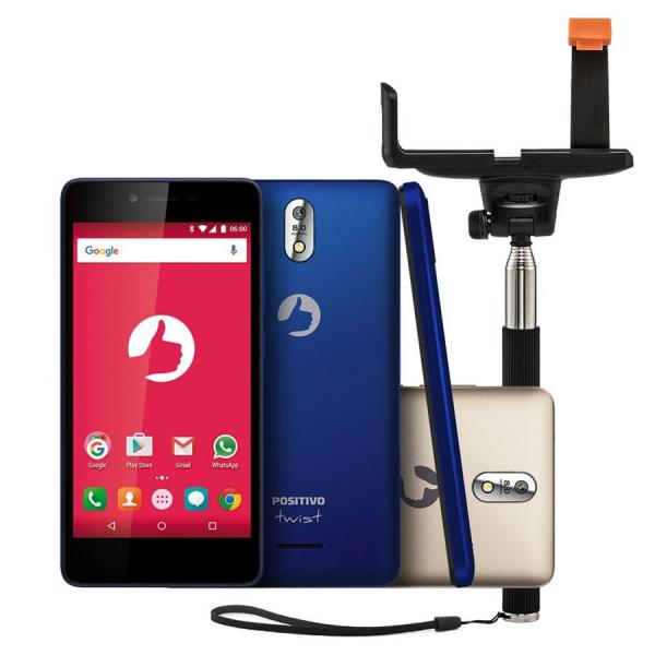 Smartphone Positivo TWIST S S520 + Bastão de Selfie Android 6.0 3G WiFi 5" 8GB Câmera 8MP Azul