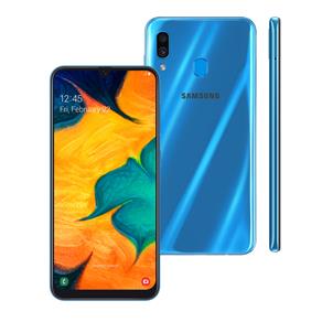 Smartphone Samsung Galaxy A30 Azul 64GB, Tela Infinita de 6.4", Câmera Traseira Dupla, Leitor de Digital, Android 9.0 e Processador Octa-Core