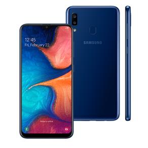 Smartphone Samsung Galaxy A20 Azul 32GB, Tela Infinita de 6.4", Câmera Traseira Dupla, Leitor de Digital, Android 9.0 e Processador Octa-Core