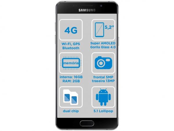 Smartphone Samsung Galaxy A5 2016 Duos 16GB Preto - 2GB RAM Tela 5.2” 4G Câm. 13MP + Câm. Selfie 5MP