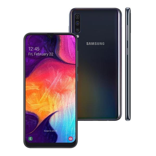 Smartphone Samsung Galaxy A50 Preto 128GB, Tela Infinita de 6.4", Câmera Traseira Tripla, Leitor Digital na Tela, Android 9.0 e Processador Octa-Core