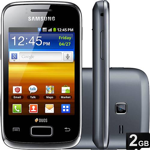 Tudo sobre 'Smartphone Samsung Galaxy Y Duos Preto Dual Chip Android Tela 3.14" 3G Wi-Fi Câmera de 3MP GPS - Preto + Cartão de 2GB'