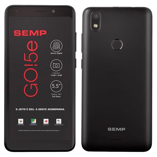 Smartphone Semp Go! 5E, Preto, Tela 5,5, 4G+Wi-Fi, Android, Câm Traseira 13Mp e Frontal 8Mp, 16Gb