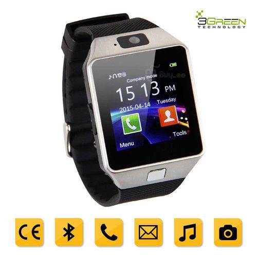 Smartwatch 3green Chip Todas Operadoras Bluetooth Camera Selfie Touch Android Dz09 Preto e Prata