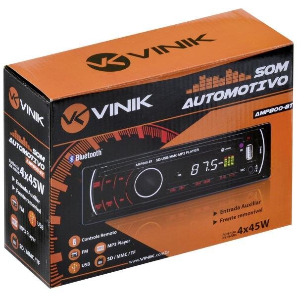 Som Automotivo Auto Rádio Mp3 Player Usb/sd/fm/aux/bluetooth 4x45w com Controle Remoto Amp800-bt - Vinik