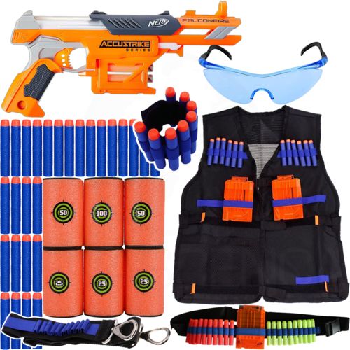 Tudo sobre 'Super Kit Arma Nerf Falconfire + Colete + Acessórios + 90 Dardos Brinquedo'