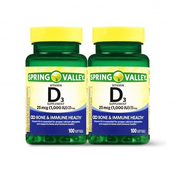 Suplemento Vitamina D3 25 Mcg (1,000 IU) Spring Valley 200 SoftGels Importado