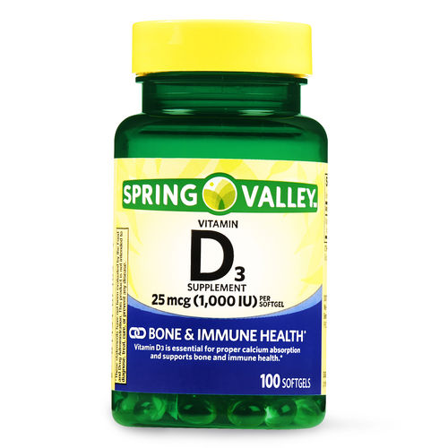 Tudo sobre 'Suplemento Vitamina D3 25 Mcg (1,000 IU) Spring Valley 100 SoftGels Importado'
