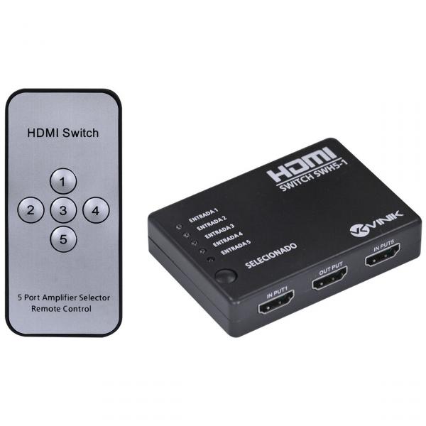 Switch HDMI 5 Entradas 1 Saída 1.3V com Suporte 3D e 1080P - SWH5-1 Vinik.