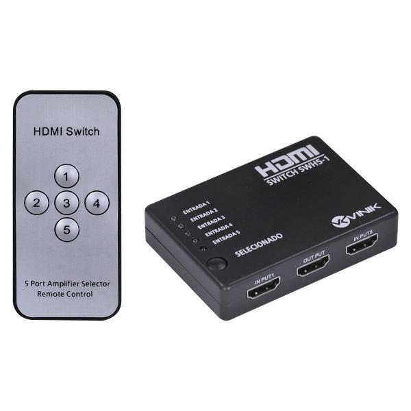 Switch Hdmi 5 Entradas 1 Saída 1.3V com Suporte 3D e 1080P - SWH5-1 - Vinik