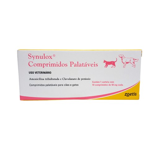 Synulox 50mg Zoetis 10 Comprimidos Palatáveis Cães e Gatos