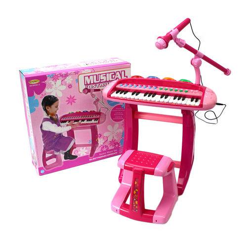 Teclado Piano Infantil Rosa + Microfone + Banquinho Luz Som - Mc18062