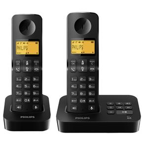 Telefone Sem Fio com Identificador Chamadas, Secretária Eletrônica e Viva-Voz - Philips D2052B - Preto