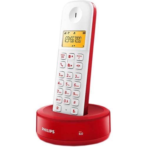 Telefone Sem Fio Philips D1301WR/BR com Identificador D1301wr/br Branco/Vermelho