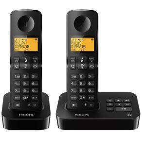 Telefone Sem Fio Philips D2152B com Dois Fones, Secretária Eletrônica e Viva-Voz – Preto
