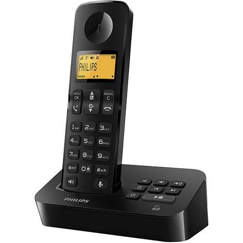 Telefone Sem Fio Philips Preto D2051B/BR Identificador de Chamadas Secretária Eletrônica