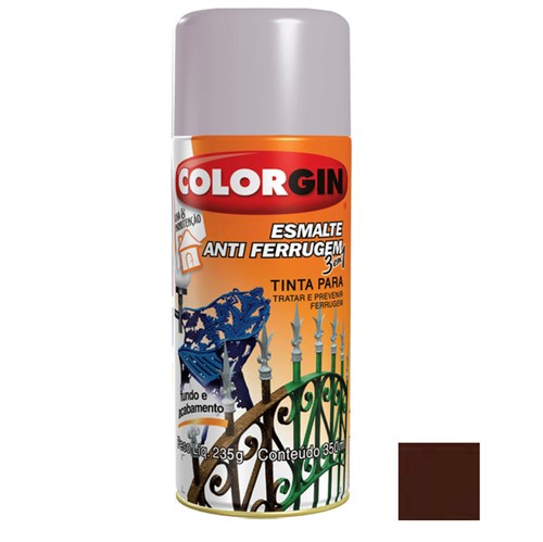 Tinta Spray Brilhante Esmalte Antiferrugem 3X1 Marrom 350ml Colorgin